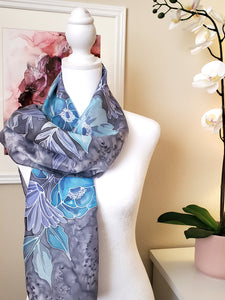 Silk Scarf for Sale - Long blue black gray handmade | Palette Boutique